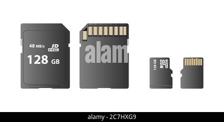 Memory card, SD card and micro SD card isolated on white background, front and back view, vector illustration Stock Vector