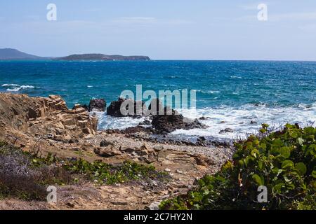 View of the Caribbean Sea from a remote dirt path to beach in Vieques, Puerto Rico Stock Photo