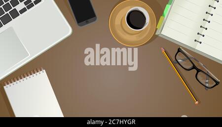 Office desktop computer. Desk top view background vector. Supplies. Workplace designer. Work desk table, workspace. Work place and  stationery. Stock Vector