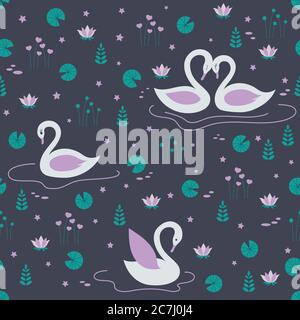 Swan pair on night lake with stars, water lilies, plants seamless pattern. Stock Vector