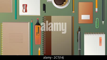 Workspace office top view. Vector background image of table. Supplies. Desk, order of workplace. Workspace of creative, work place of author, freelanc Stock Vector