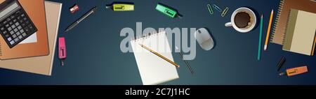 Office supplies on desk top view. Vector background image. Table, supplies creative. Desk, workplace in cabinet. Stock Vector