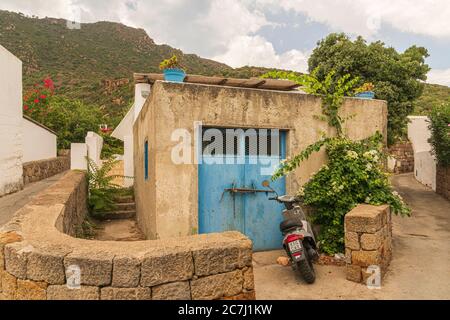 Sicily - Sunny impressions of the Aeolian Islands, also known as Aeolian Islands or Isole Eolie: Lipari, Stromboli, Salina, Vulcano, Panarea, Filicudi and Alicudi. Colorful houses on Panarea. Stock Photo