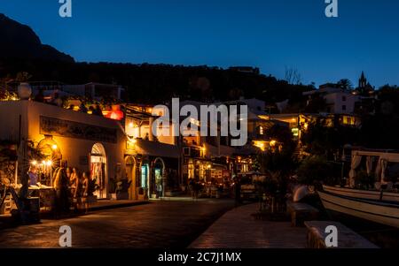 Sicily - Sunny impressions of the Aeolian Islands, also known as Aeolian Islands or Isole Eolie: Lipari, Stromboli, Salina, Vulcano, Panarea, Filicudi and Alicudi. Panarea in the blue hour. Stock Photo