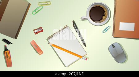 Workspace office top view. Vector background image of table. Supplies. Desk, workplace. Workspace of creative, work place of author, freelancer. Stati Stock Vector
