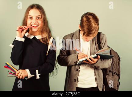 Easy learning concept. International students exchange. School knowledge. Talent development. Study together. Student ready for lessons. Regular school program. School education for advanced level. Stock Photo