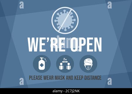 We are open, please wear protective face mask and keep safe social distance vector flat banner template. Preventive measures signs from Coronavirus outbreak for reopening businesses. Stock Vector