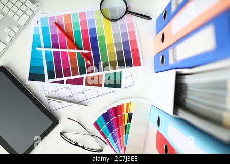 Top view of empty designer workspace with different objects Stock Photo