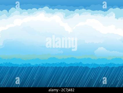 Rain clouds blue sky. Vector illustration. Water jets, inclement weather. Flat style. Stock Vector