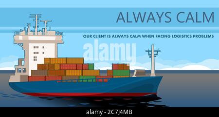 Cargo ship. Vector. Logistics services sea & ocean. Ship transportation containers. Flat cartoon design. Isolated object. Boat Freight. Consigment. Stock Vector