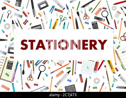 Stationery. Background for advertising a store, company. Vector illustration. Isolated on a white background. Pencils, pens, felt-tip pens, brushes Stock Vector