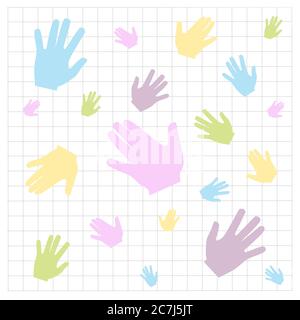 Pattern of colored handprints on a white background. Multicolor pattern for your design cards, presentations. Stock Vector