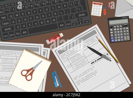 Filling a tax return at the office desk. Calculation of the amount of taxes, preparation of the annual report, reconciliation of documentation Stock Vector