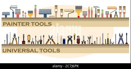 Tools. Set. The background is horizontal. Lower. Screwdrivers, hammers, wrenches, saws, pliers, rollers, brushes, files. Collection. Tools carpenter, Stock Vector