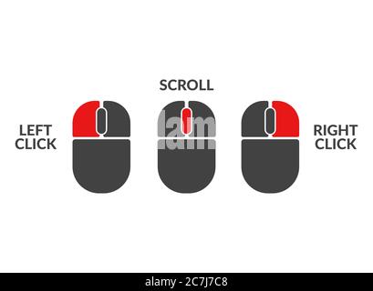 Mouse left and right button click demonstration set for tutorial or instruction. Active mouse buttons right, left, scroll buttons click isolated Stock Vector
