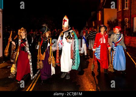 Local People In Costume Take Part In A Street Procession During Bonfire Night (Guy Fawkes Night) Celebrations, Lewes, East Sussex, UK Stock Photo