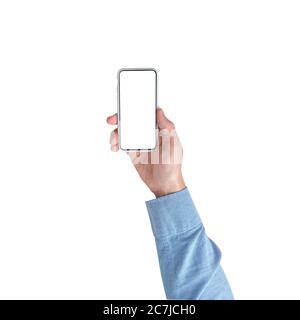 Hand in shirt holding smartphone on white background. Isolated Stock Photo