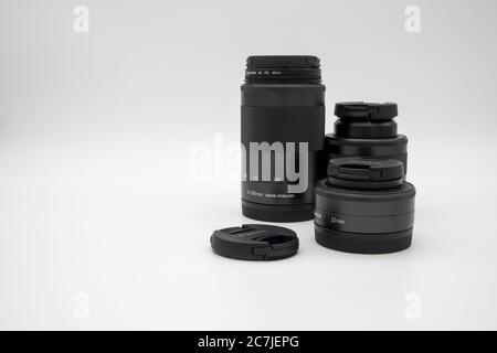 GLOUCESTER, UNITED KINGDOM - Jan 06, 2020: Mirrorless camera lens against a white background Stock Photo