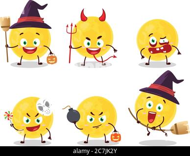 Halloween expression emoticons with cartoon character of yellow moon Stock Vector