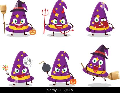 Halloween expression emoticons with cartoon character of wizard hat Stock Vector