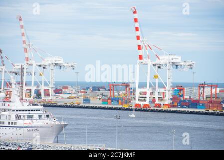 Fremantle, Western Australia - February 12, 2017: Cruise ship Astor anchored in Port of Fremantle, Western Australia, with overview of harbor and Indi Stock Photo