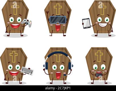 Coffin cartoon character are playing games with various cute emoticons Stock Vector