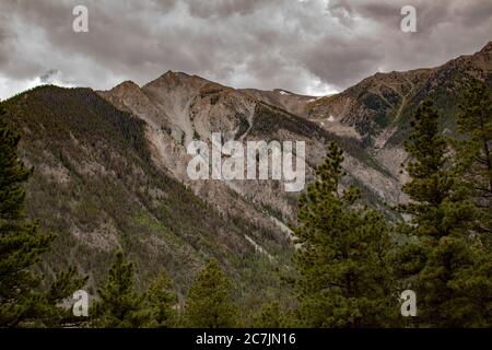 Mount Antero of the Rocky Mountains in San Isabel National Forest in Chaffee County, Colorado, USA on a dark and cloudy day Stock Photo