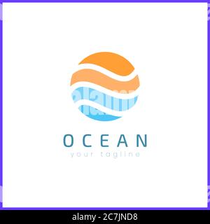 Water waves with sun. Simple and modern logo design with abstract form. Stock Vector