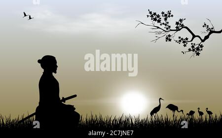 Samurai with a sword sits on the grass against the backdrop of the sky and the sun. Japanese cranes are visible in the distance. Sakura tree branch. Stock Vector