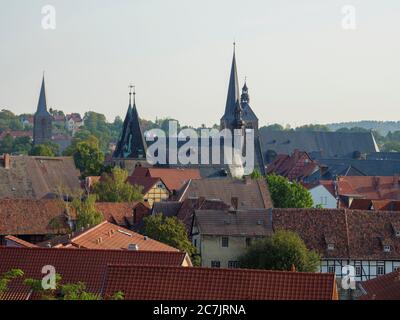 View from the Schlossberg to the old town, Quedlinburg, UNESCO World Heritage, Saxony-Anhalt, Germany Stock Photo