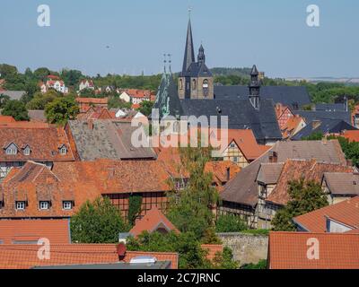View from the Schlossberg to the old town, Quedlinburg, UNESCO World Heritage, Saxony-Anhalt, Germany Stock Photo