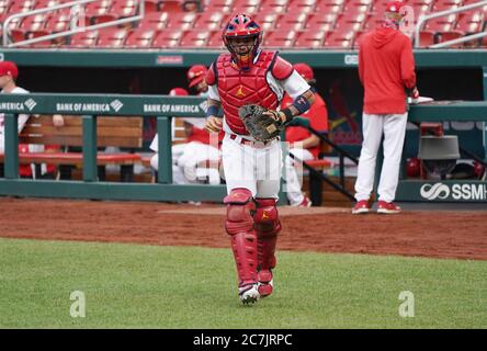 St. Louis, United States. 17th July, 2020. St. Louis Cardinals Yadier Molina runs out to his position for a inter-squad game at Busch Stadium in St. Louis on Friday, July 17, 2020. Photo by Bill Greenblatt/UPI Credit: UPI/Alamy Live News Stock Photo