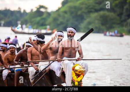 decorated boats also called palliyodam and rowers from Aranmula Boat Race,the oldest river boat fiesta in Kerala,Aranmula,India,pradeep subramanian Stock Photo