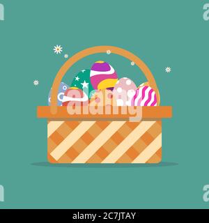 Basket with Easter eggs isolated on green background.illustration, Easter eggs. Brown Easter basket with eggs. Easter basket full of eggs.  vector Stock Vector