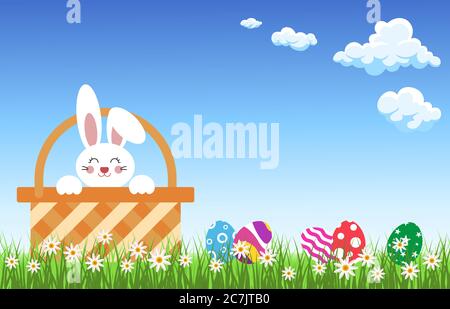 Little Bunny In Basket With Decorated Eggs on  Flowers Grass background blue sky clouds .vector illustration. Stock Vector