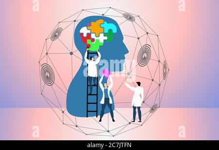 Psychology specialist doctor work together to fix connecting jigsaw piece brain head puzzle .stimulate mental health concept. Stock Vector
