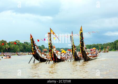 decorated boats also called palliyodam and rowers from Aranmula Boat Race,the oldest river boat fiesta in Kerala,Aranmula,India,pradeep subramanian Stock Photo