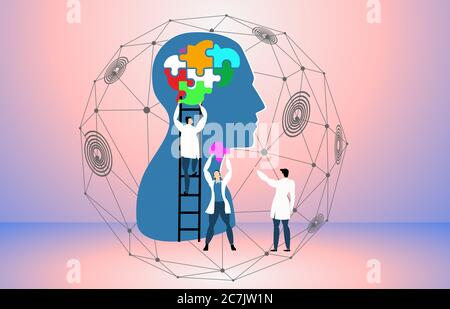 Psychology specialist doctor work together to fix connecting jigsaw piece brain head puzzle .stimulate mental health concept. Stock Photo