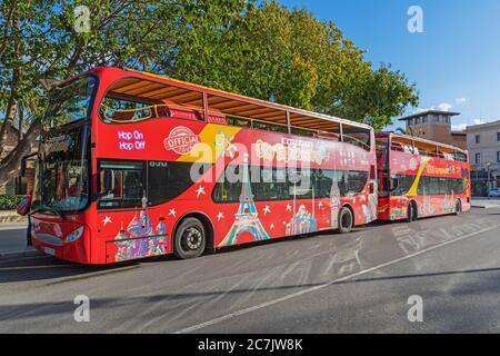 Bus stop, sightseeing bus at Palma Cathedral, Palma de Mallorca, Stock Photo