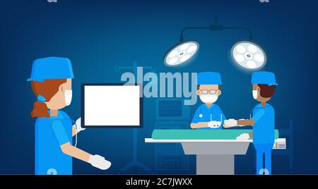 Surgeon in surgery room with blank tablet flat design vector illustration Stock Vector