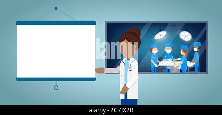 Surgeon team in surgery room with blank projector flat design vector illustration Stock Vector