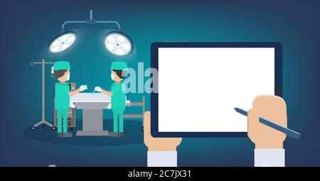 Surgeon in surgery room with blank tablet flat design vector illustration Stock Vector