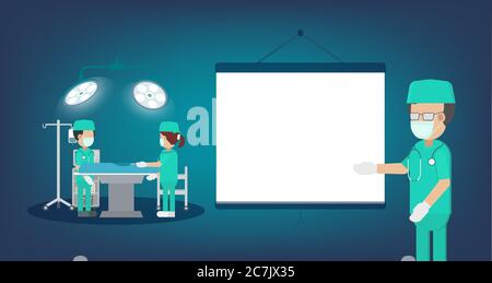 Surgeon team in surgery room with blank projector flat design vector illustration Stock Vector