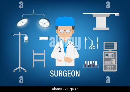 Surgeon with surgery equipment flat design vector illustration Stock Vector