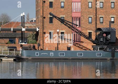 Boats moored in the Main Basin of Gloucester Docks on the Gloucester and Sharpness Canal in southern England Stock Photo