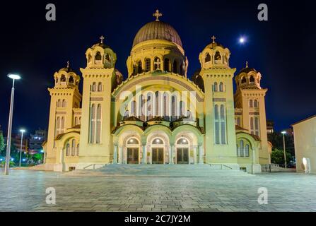 Saint Andrew basilica at night, the largest church in Greece, Patras, Peloponnese. Stock Photo