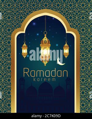 patterned vector vertical poster, golden vintage lanterns for Ramadan wishing. Arabic shining lamps. Decor in Eastern style. Islamic background. Ramad Stock Vector
