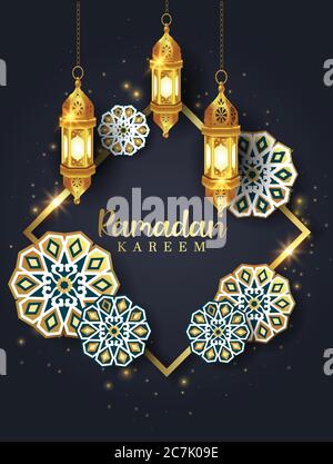 Ramadan Kareem text or Calligraphy. Black and golden template with lantern hanging. Islamic elegant background. vector illustration Stock Vector