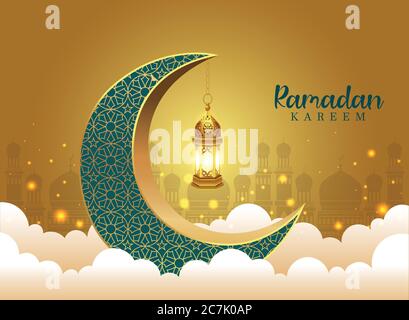 Crescent Islamic with Lantern for Ramadan Kareem. Golden Pattern Half Moon, Lamp - Illustration raster Stock Vector