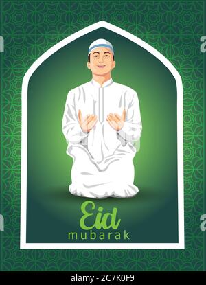 Hand drawn sketch of Muslim man praying with calligraphy of Eid Mubarak illustration. Stock Vector